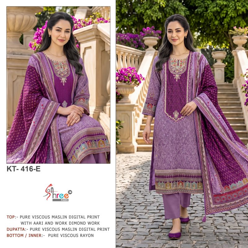 Shree Kt 416 A To E Viscose Maslin Digital Print Handwork Salwar Kameez — Wholesale Pakistani Suits, Vardan Ethnic wholesale from Surat — view 4