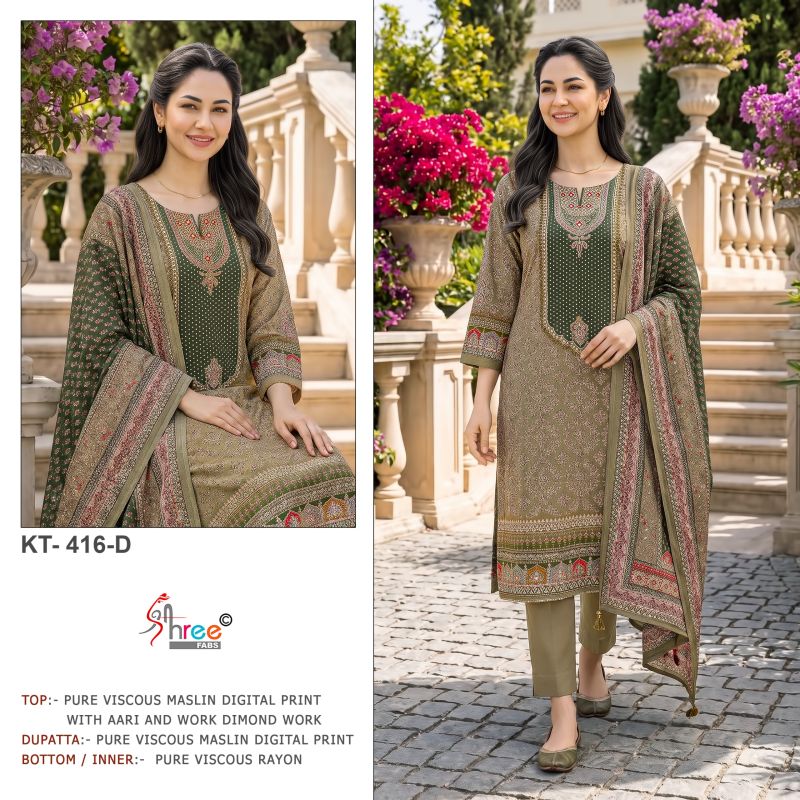 Shree Kt 416 A To E Viscose Maslin Digital Print Handwork Salwar Kameez — Wholesale Pakistani Suits, Vardan Ethnic wholesale from Surat — view 5