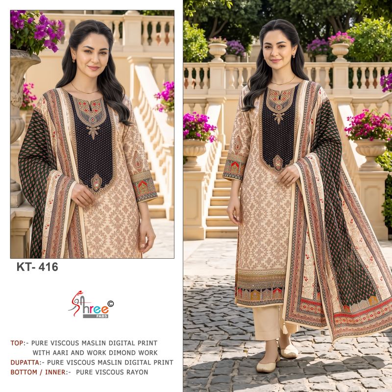 Shree Kt 416 A To E Viscose Maslin Digital Print Handwork Salwar Kameez — Wholesale Pakistani Suits, Vardan Ethnic wholesale from Surat — view 6