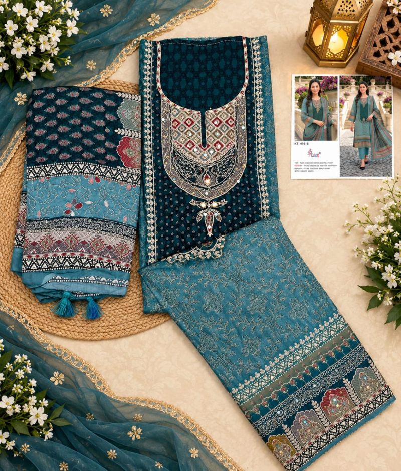 Shree Kt 416 A To E Viscose Maslin Digital Print Handwork Salwar Kameez — Wholesale Pakistani Suits, Vardan Ethnic wholesale from Surat — view 7