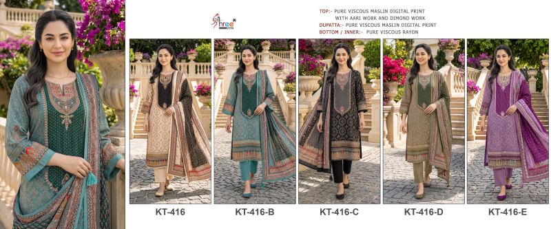Shree Kt 416 A To E Viscose Maslin Digital Print Handwork Salwar Kameez — Wholesale Pakistani Suits, Vardan Ethnic wholesale from Surat — view 12