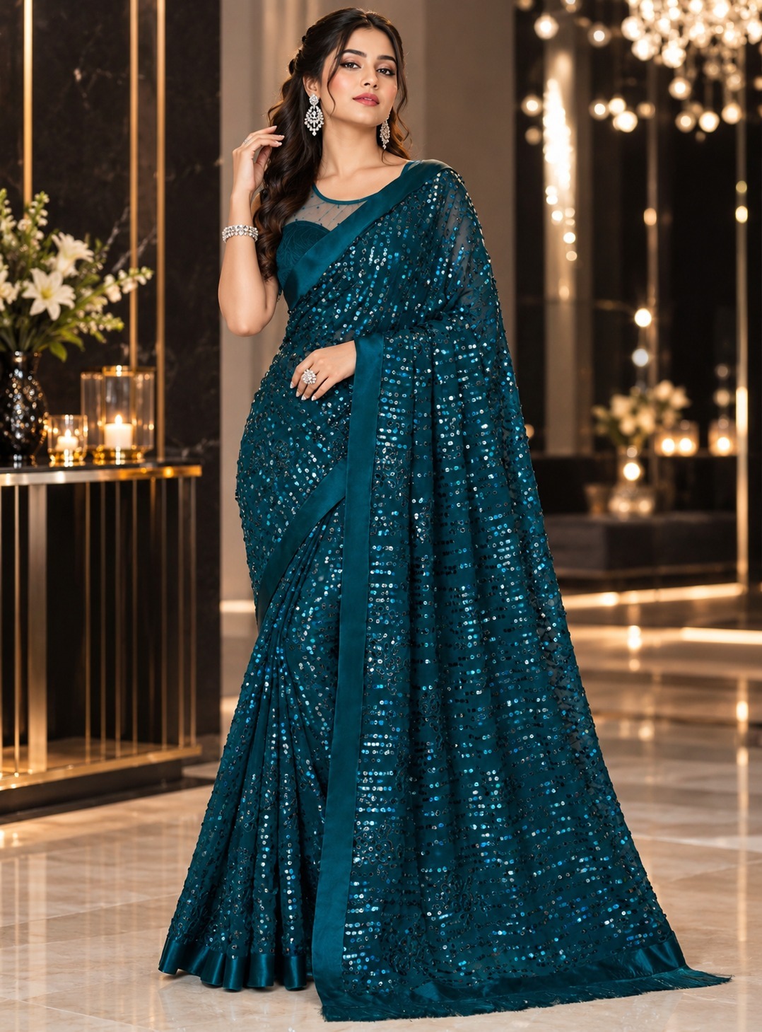 SL Sparkle Georgette Silk Sequins Work Saree with Fancy Blouse — Wholesale Sarees, Vardan Ethnic wholesale from Surat — Photo 4