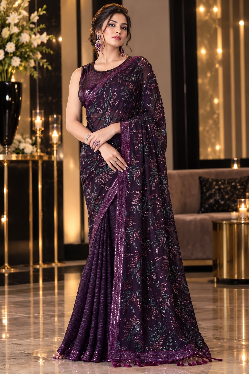 SL Sparkle Georgette Silk Sequins Work Saree with Fancy Blouse — Wholesale Sarees, Vardan Ethnic wholesale from Surat — Photo 2