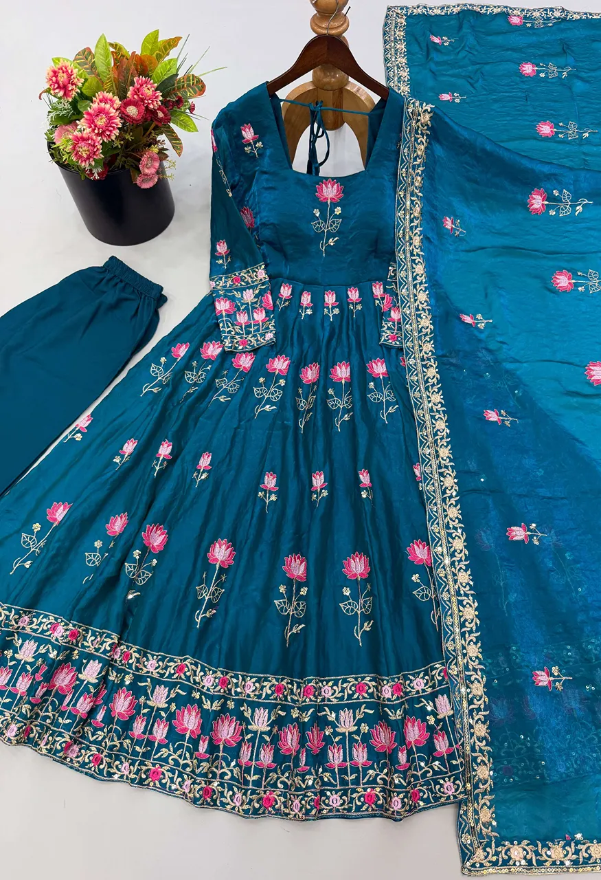 Sr 1724 Silk Heavy Sequence Embroidery Designer Party Wear Gown Suit — Wholesale Readymade Suit, Bandhani Palace wholesale from Surat — Photo 3
