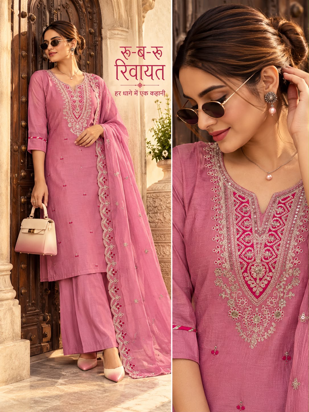 Vardan Ethnic Mul Chanderi 3 Piece Suit Set with Dupatta Work Cotton Aster