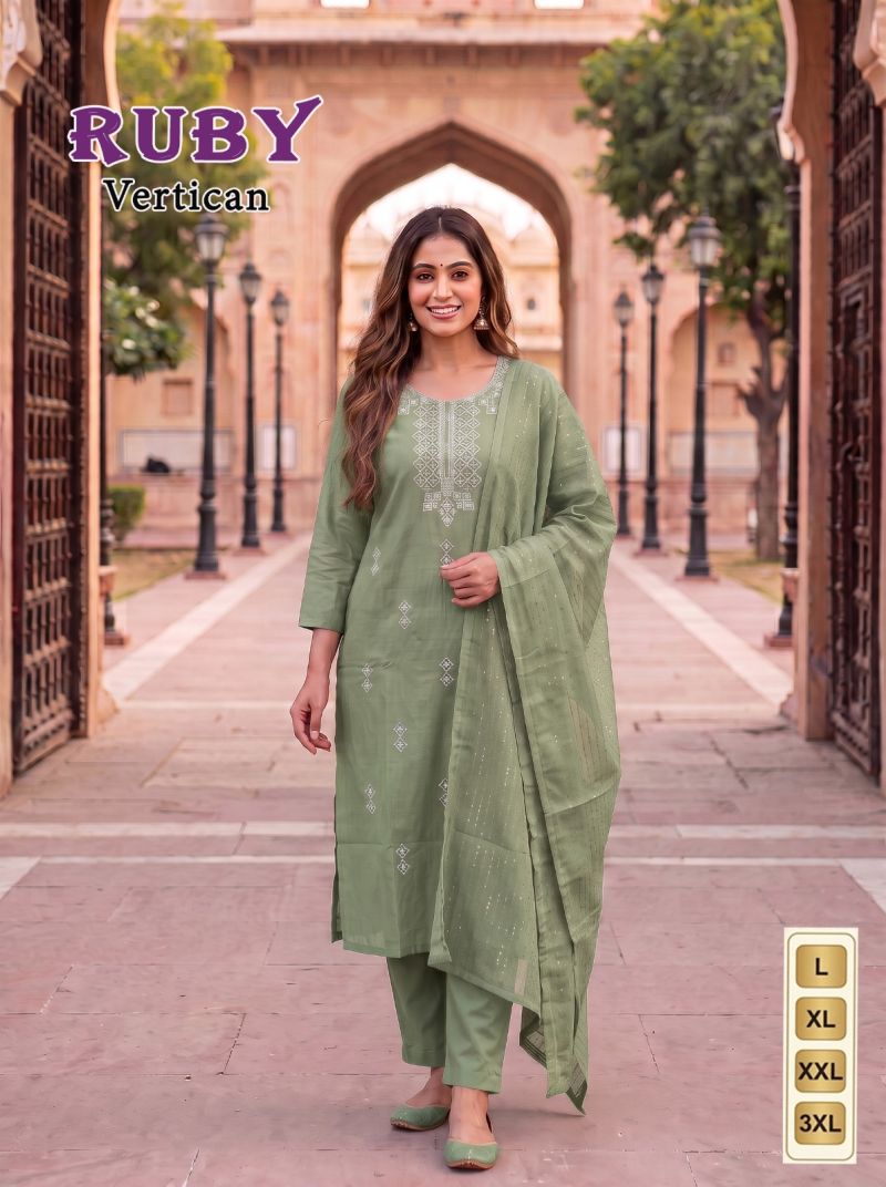 Ruby Vol 1 Vertican Silk Embroidered Kurti Pant Set with Dupatta — Wholesale Kurtis, Vardan Ethnic wholesale from Surat — Photo 2