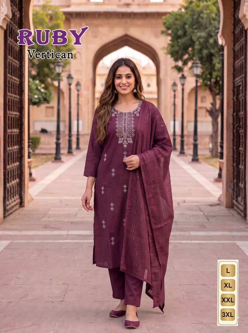 Ruby Vol 1 Vertican Silk Embroidered Kurti Pant Set with Dupatta