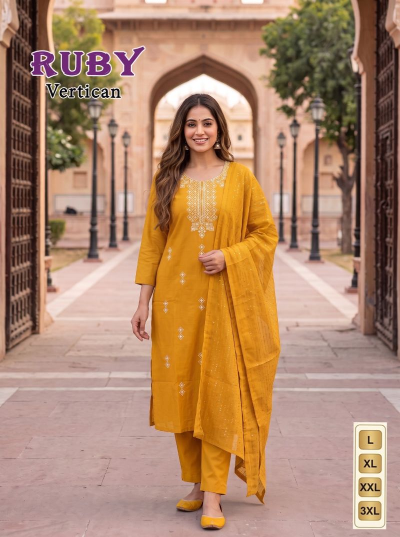 Ruby Vol 1 Vertican Silk Embroidered Kurti Pant Set with Dupatta — Wholesale Kurtis, Vardan Ethnic wholesale from Surat — Photo 6