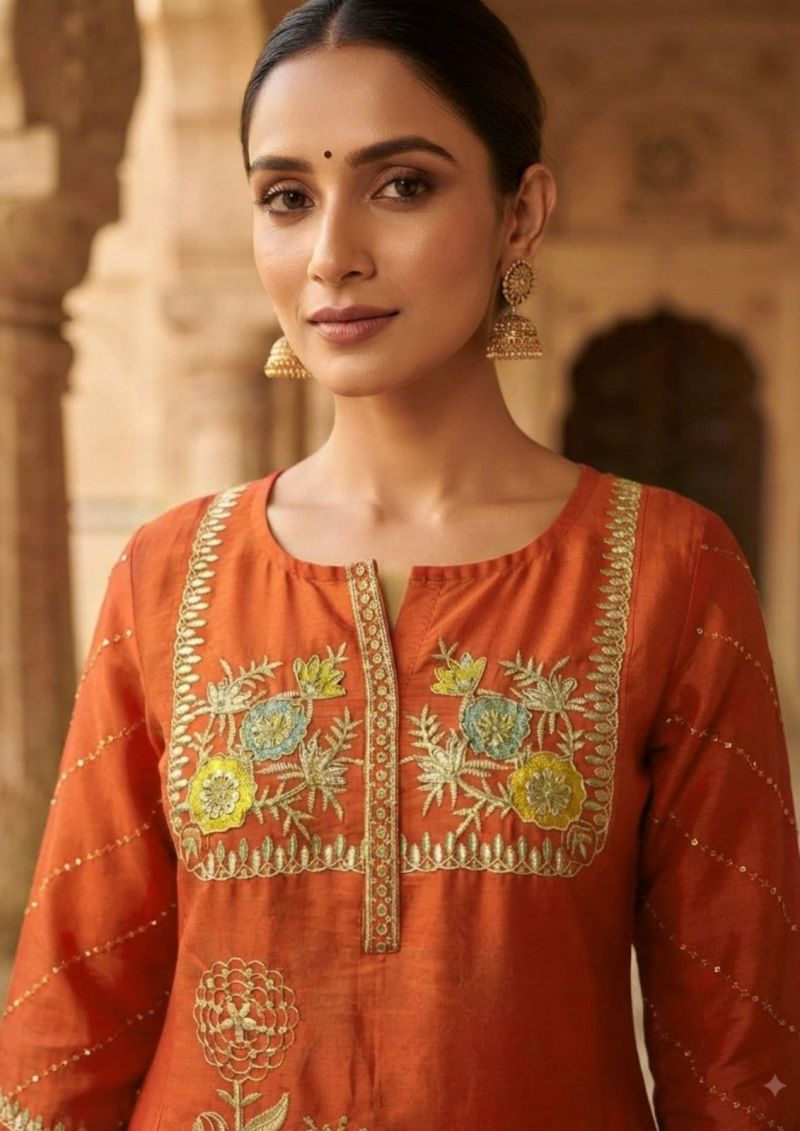 Vitara Iksana Mul Chanderi Handwork Kurti With Bottom Dupatta Set