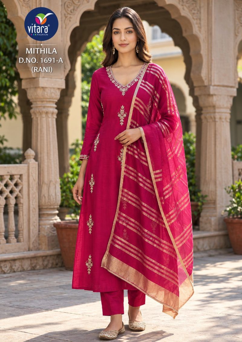 Vitara Mithila Mul Chanderi Embroidered Kurti Set with Roman Silk Bottom and Dupatta