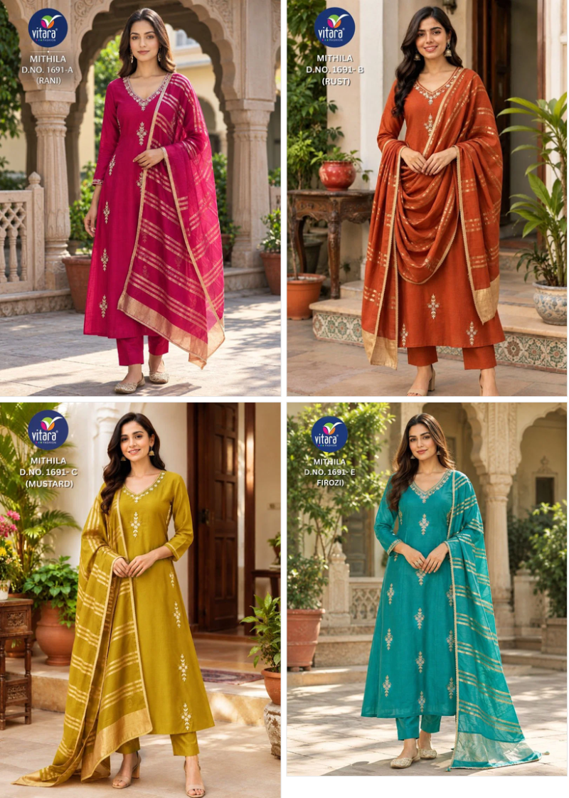 Vitara Mithila Mul Chanderi Embroidered Kurti Set with Roman Silk Bottom and Dupatta — Wholesale Kurtis, Vitara Fashion wholesale from Surat — Photo 6