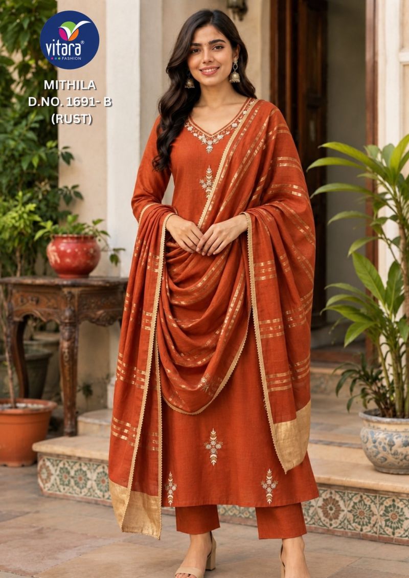 Vitara Mithila Mul Chanderi Embroidered Kurti Set with Roman Silk Bottom and Dupatta — Wholesale Kurtis, Vitara Fashion wholesale from Surat — Photo 2