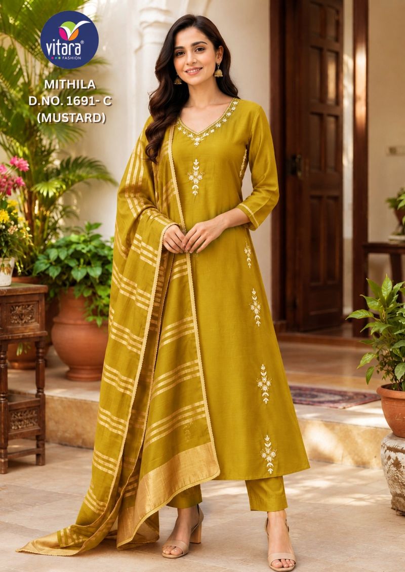 Vitara Mithila Mul Chanderi Embroidered Kurti Set with Roman Silk Bottom and Dupatta — Wholesale Kurtis, Vitara Fashion wholesale from Surat — Photo 5
