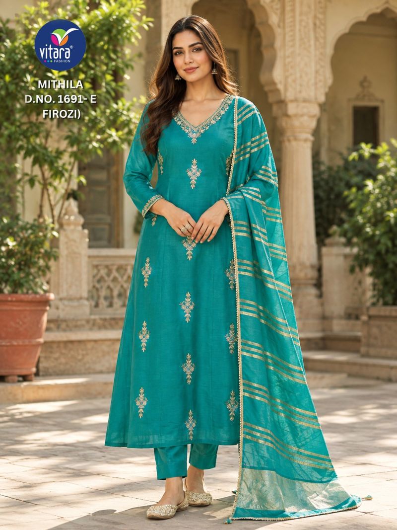Vitara Mithila Mul Chanderi Embroidered Kurti Set with Roman Silk Bottom and Dupatta — Wholesale Kurtis, Vitara Fashion wholesale from Surat — Photo 4