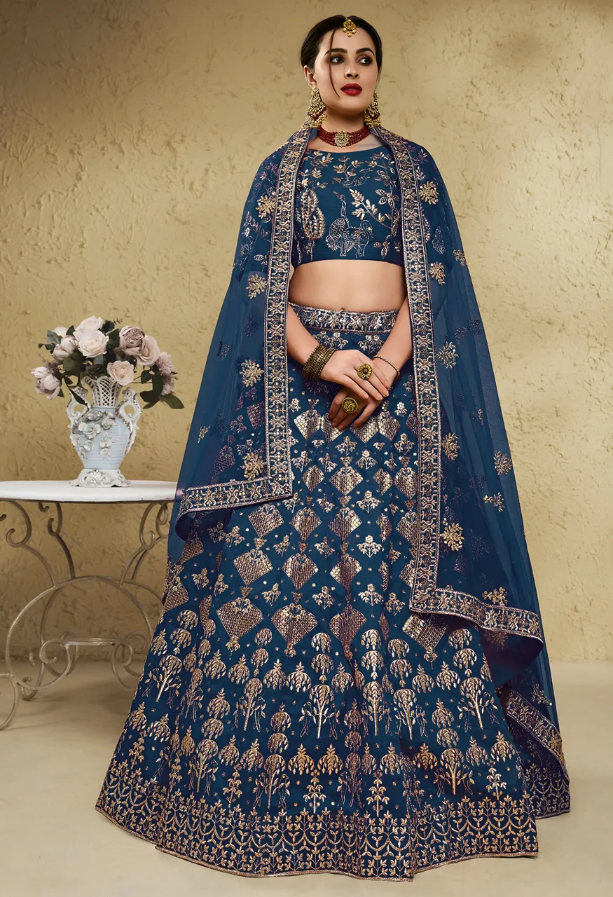 Royal Teal Blue Heritage Embroidered Lehenga Zeel 7055-Blue