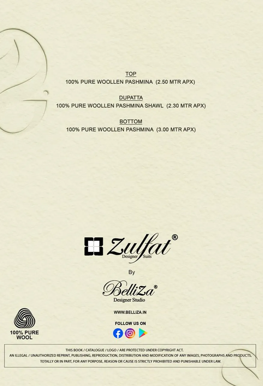 Zulfat Shahinoor Pure Woollen Pashmina Printed Dress Material with Shawl Dupatta — Wholesale Salwar Suits, Zulfat Designer Suit wholesale from Surat — view 7