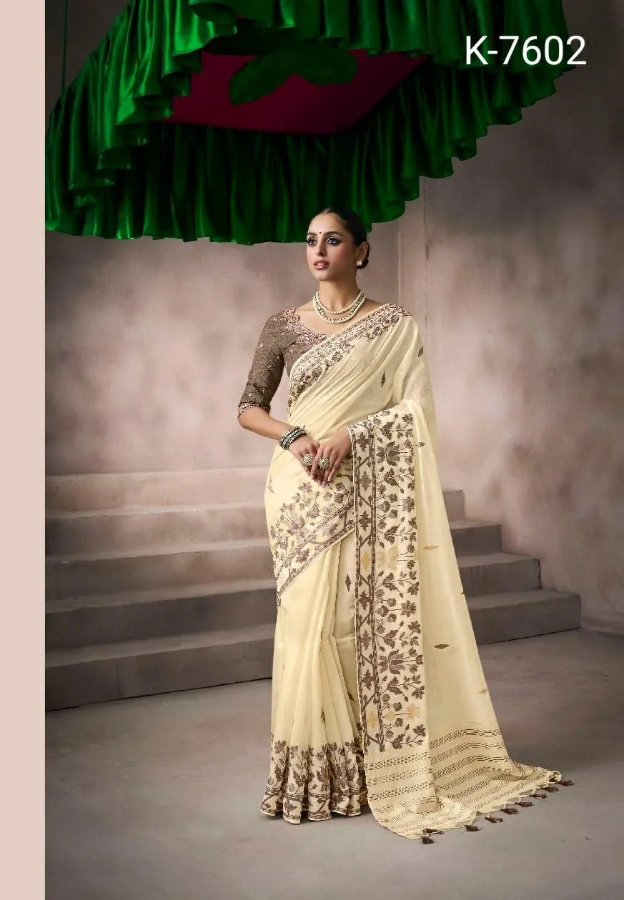 Kira Kora Silk Viscose Cotton Saree with Fancy Worked Blouse