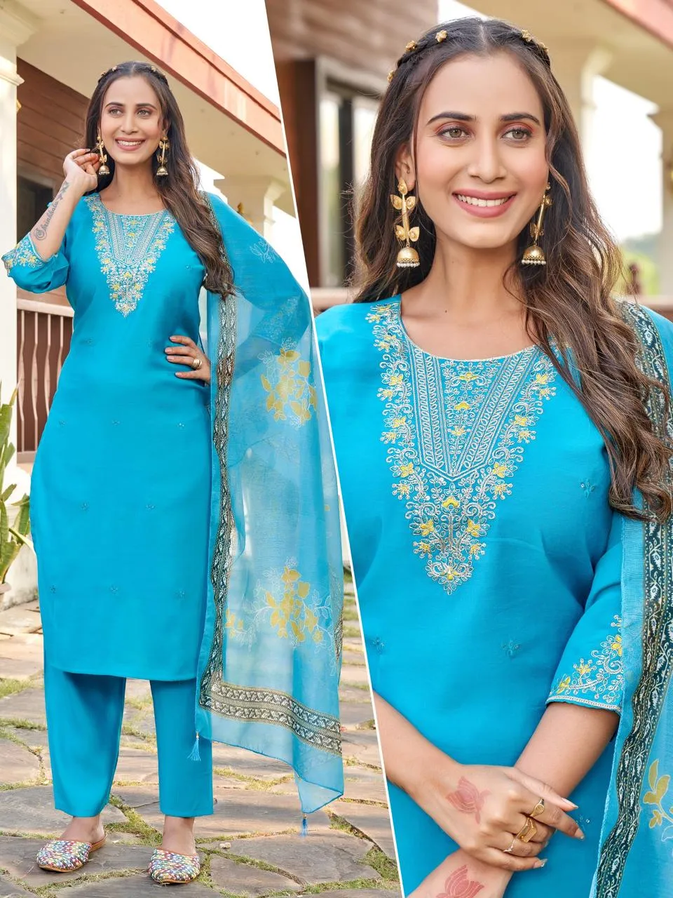 Naisha K 519 Roman Silk With Work Kurti With Bottom and Dupatta Set