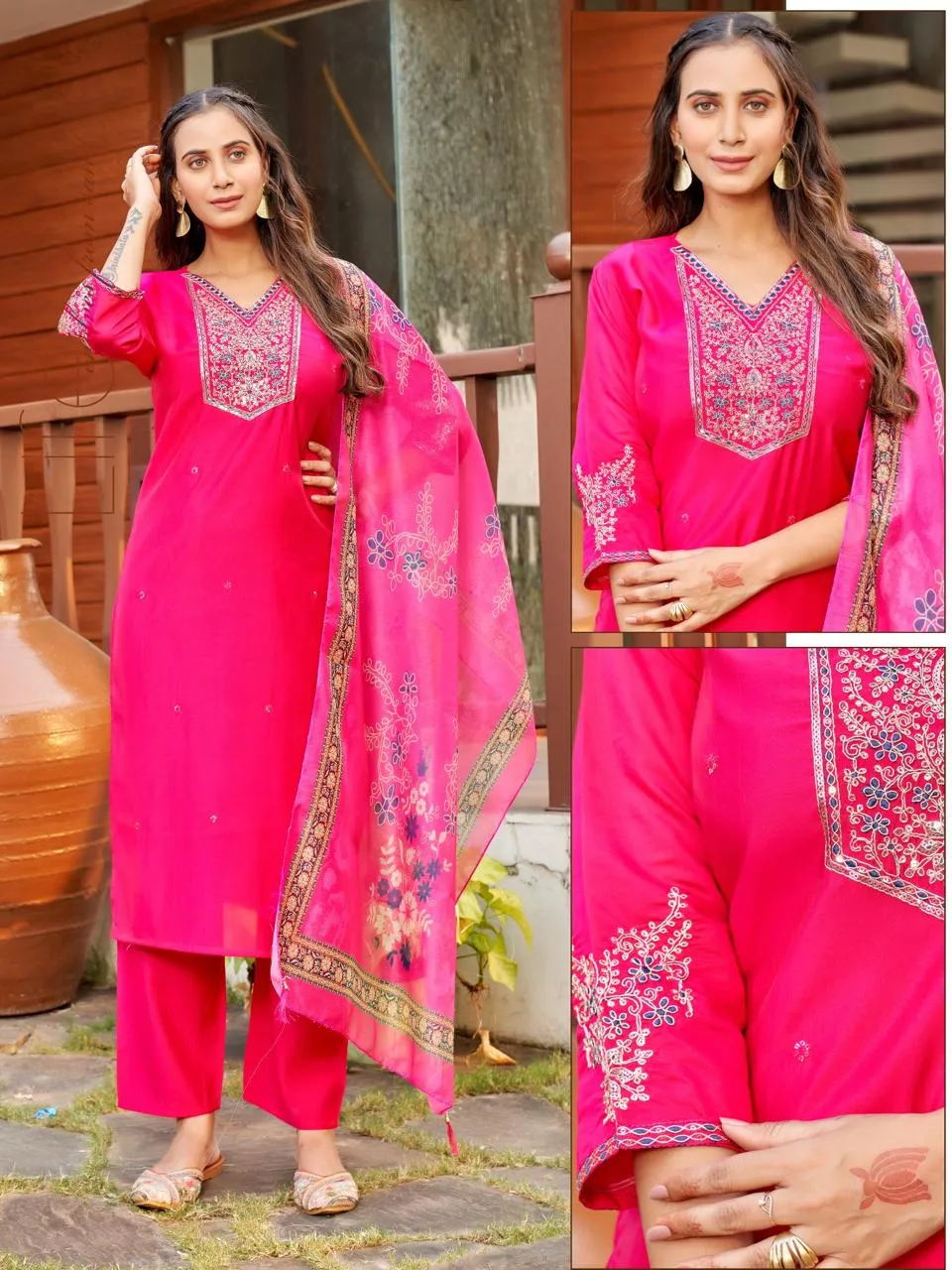 Naisha K 519 Roman Silk With Work Kurti With Bottom and Dupatta Set