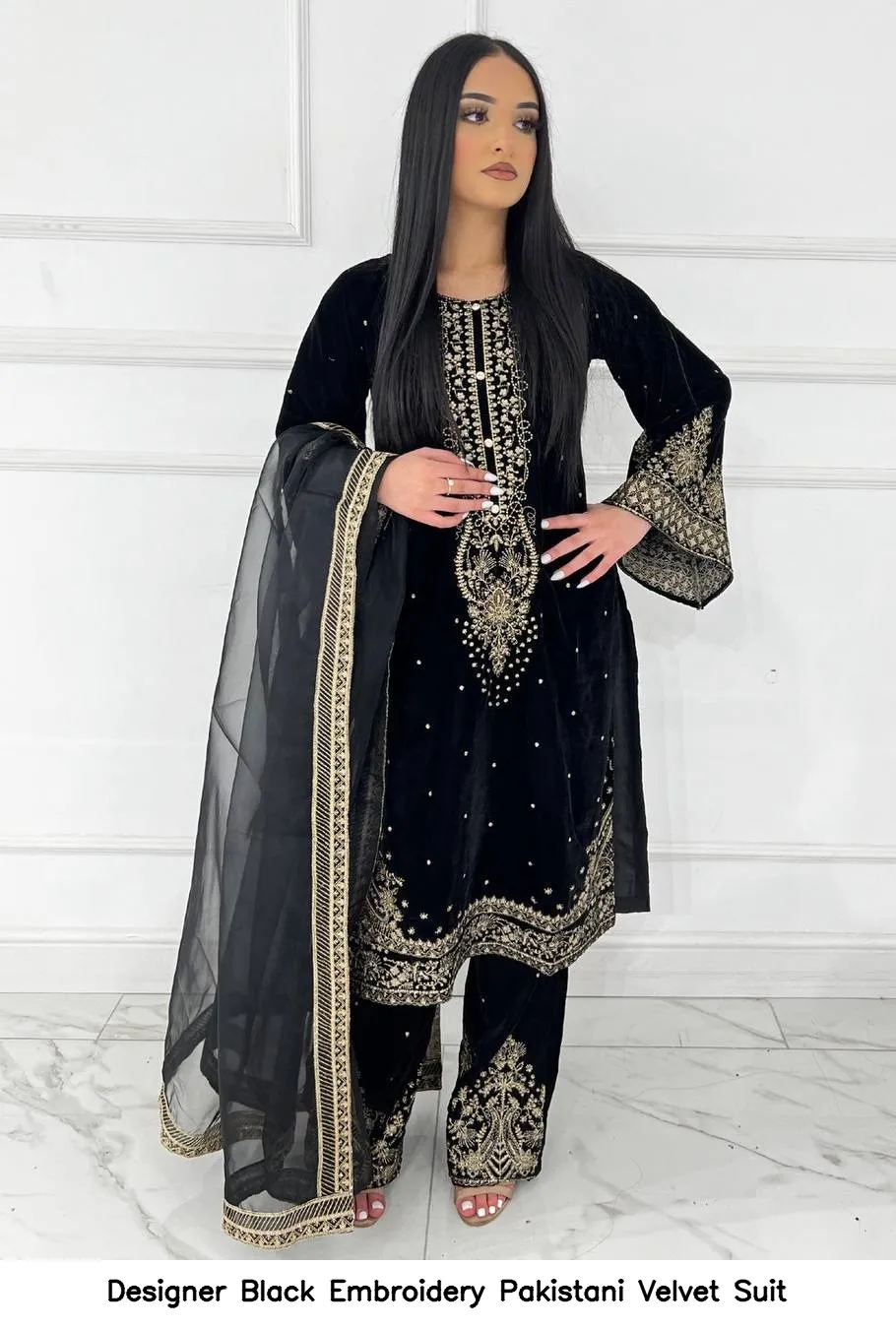 Designer Black Embroidery Pakistani Velvet Suit
