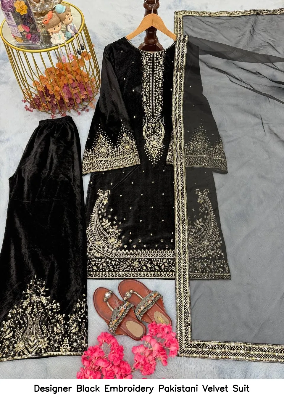 Designer Black Embroidery Pakistani Velvet Suit