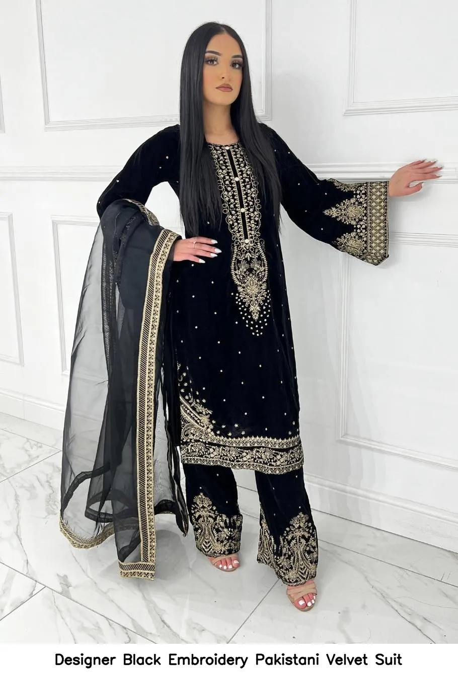 Designer Black Embroidery Pakistani Velvet Suit