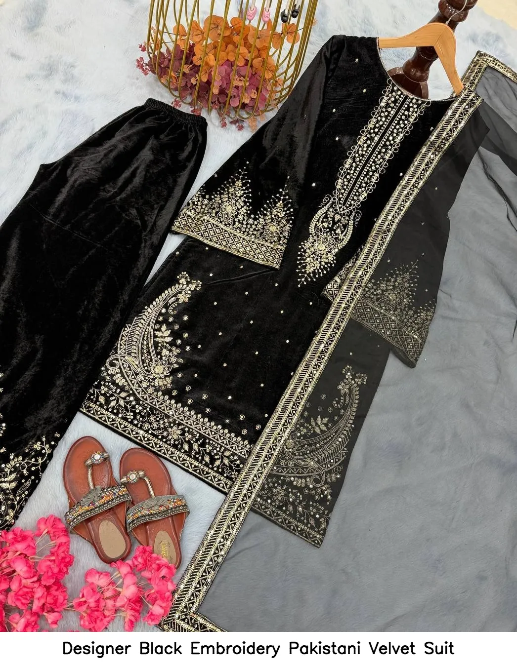 Designer Black Embroidery Pakistani Velvet Suit