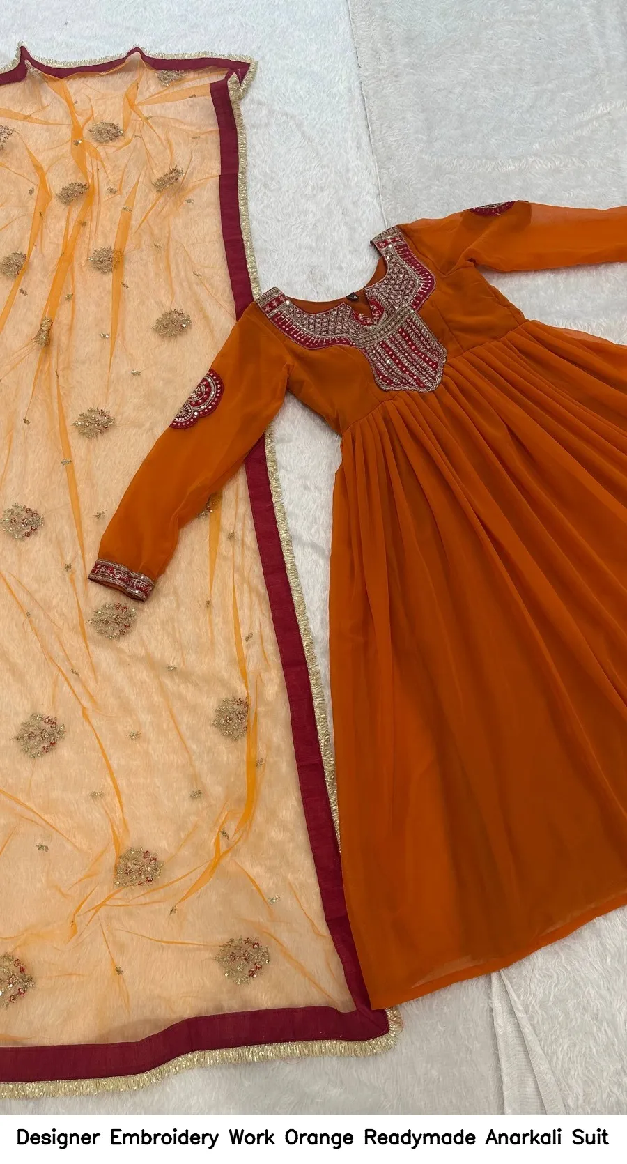 Designer Embroidery Work Orange Readymade Anarkali Suit