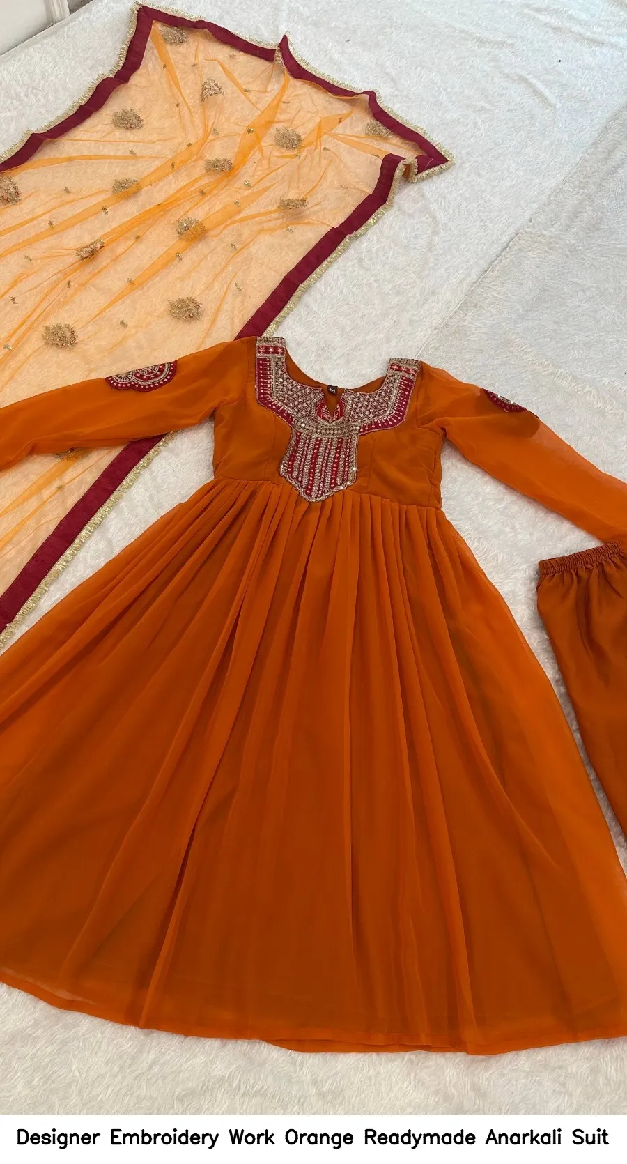 Designer Embroidery Work Orange Readymade Anarkali Suit