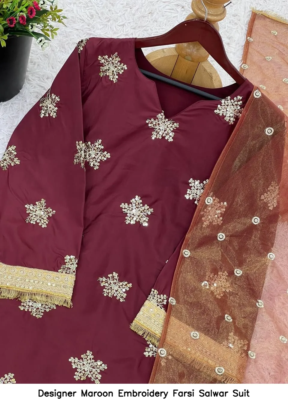 Designer Maroon Embroidery Farsi Salwar Suit