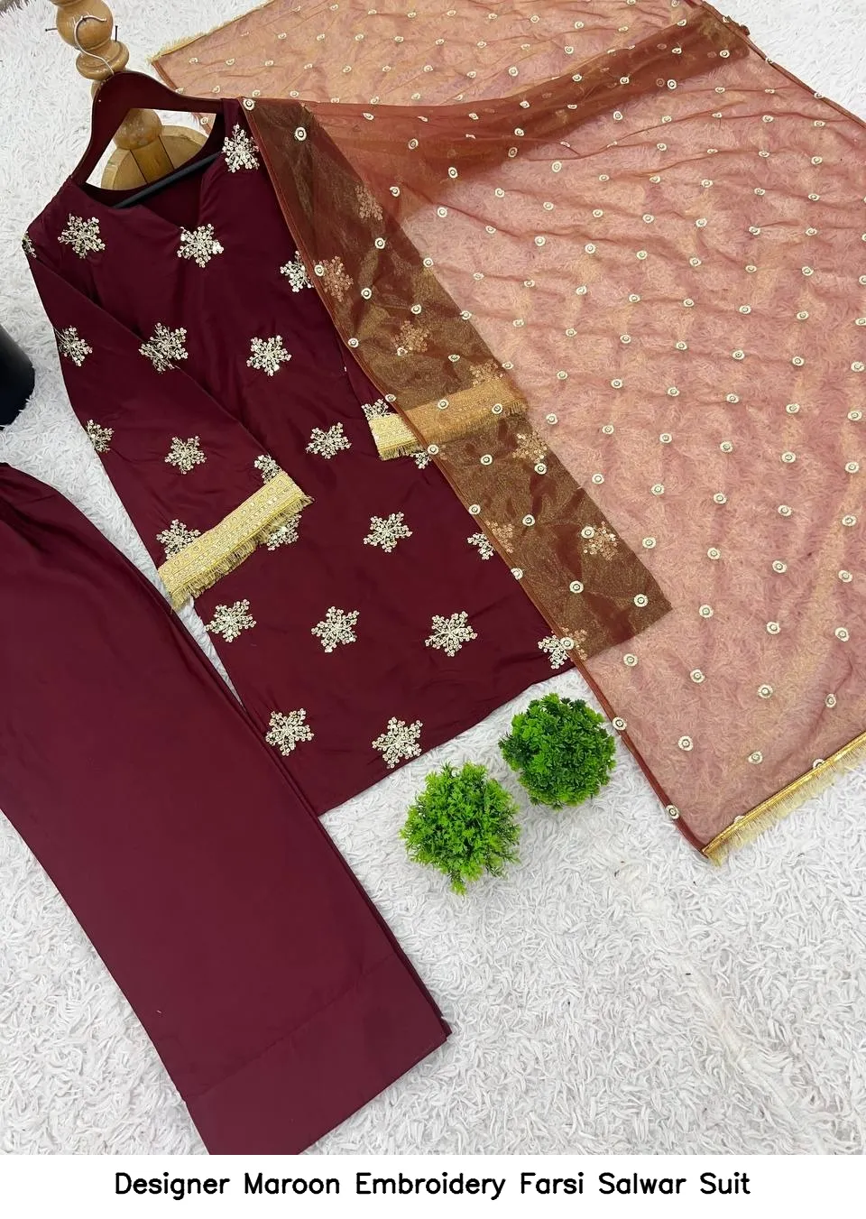 Designer Maroon Embroidery Farsi Salwar Suit