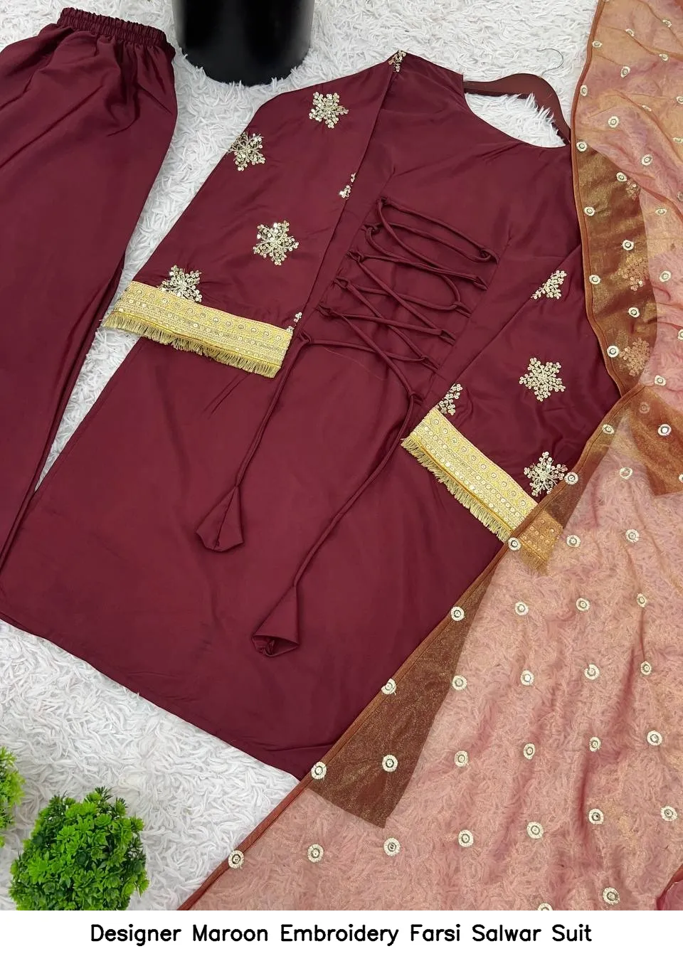 Designer Maroon Embroidery Farsi Salwar Suit