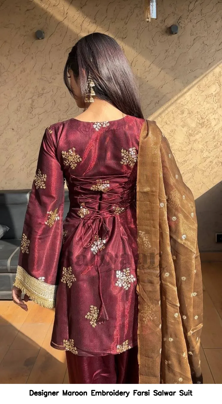 Designer Maroon Embroidery Farsi Salwar Suit
