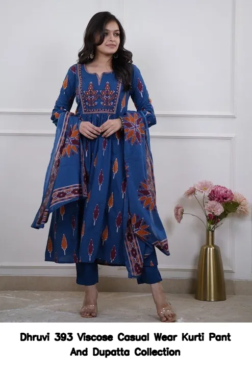 Dhruvi 393 Viscose Casual Wear Kurti Pant And Dupatta Collection