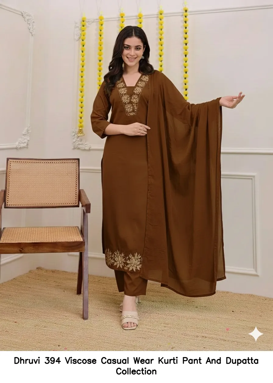 Dhruvi 394 Viscose Casual Wear Kurti Pant And Dupatta Collection