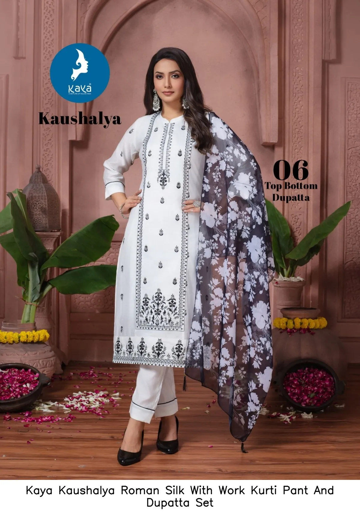 Kaya Kaushalya Roman Silk With Work Kurti Pant And Dupatta Set
