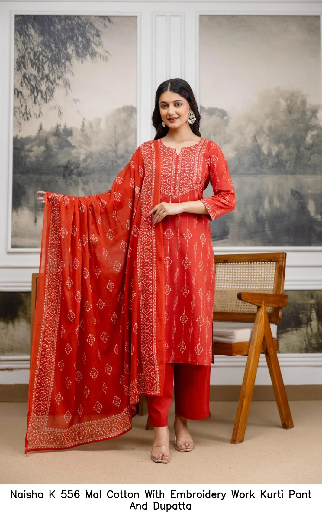 Naisha K 556 Mal Cotton With Embroidery Work Kurti Pant And Dupatta