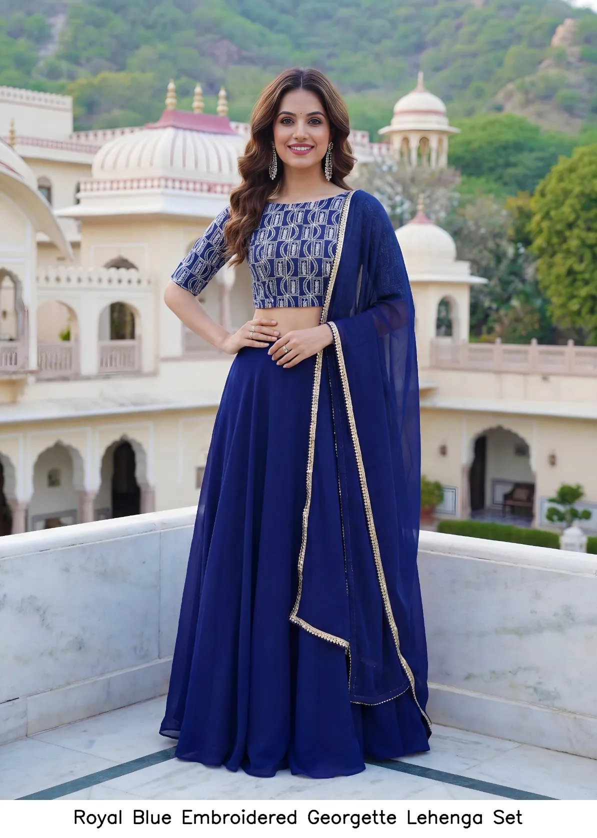 Royal Blue Embroidered Georgette Lehenga Set