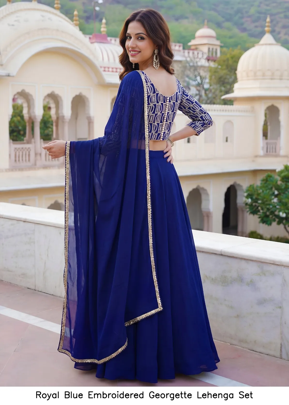Royal Blue Embroidered Georgette Lehenga Set