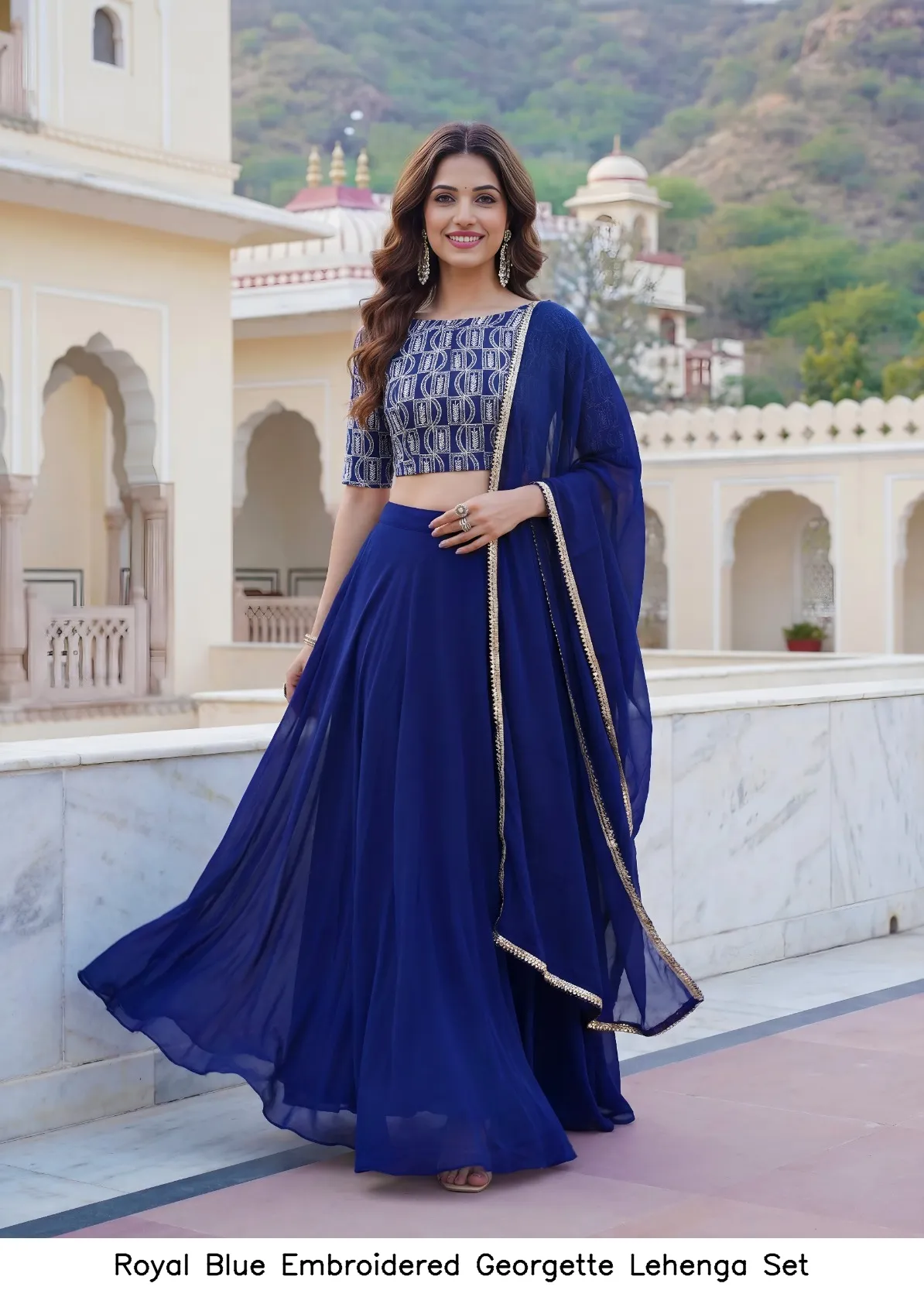 Royal Blue Embroidered Georgette Lehenga Set