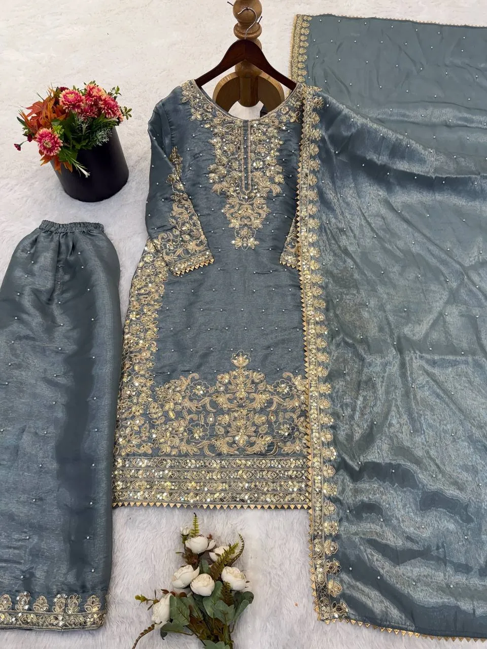 SSR 535 Gmy Silk With Heavy Embroidery Readymade Suit