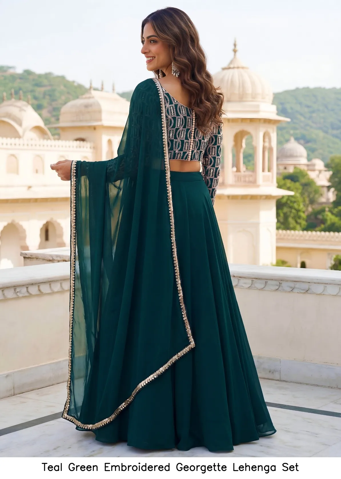 Teal Green Embroidered Georgette Lehenga Set