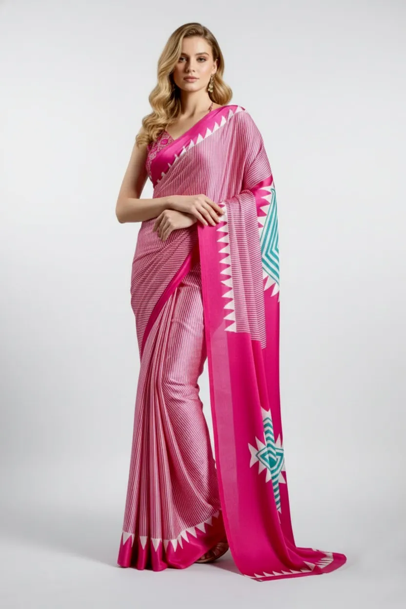 Temple Japan Satin Ajrakh Printed Fancy Saree Catalog