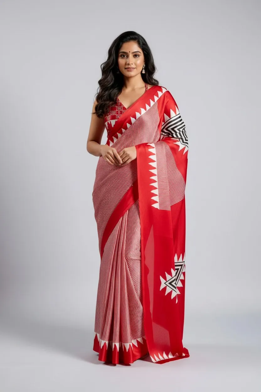 Temple Japan Satin Ajrakh Printed Fancy Saree Catalog