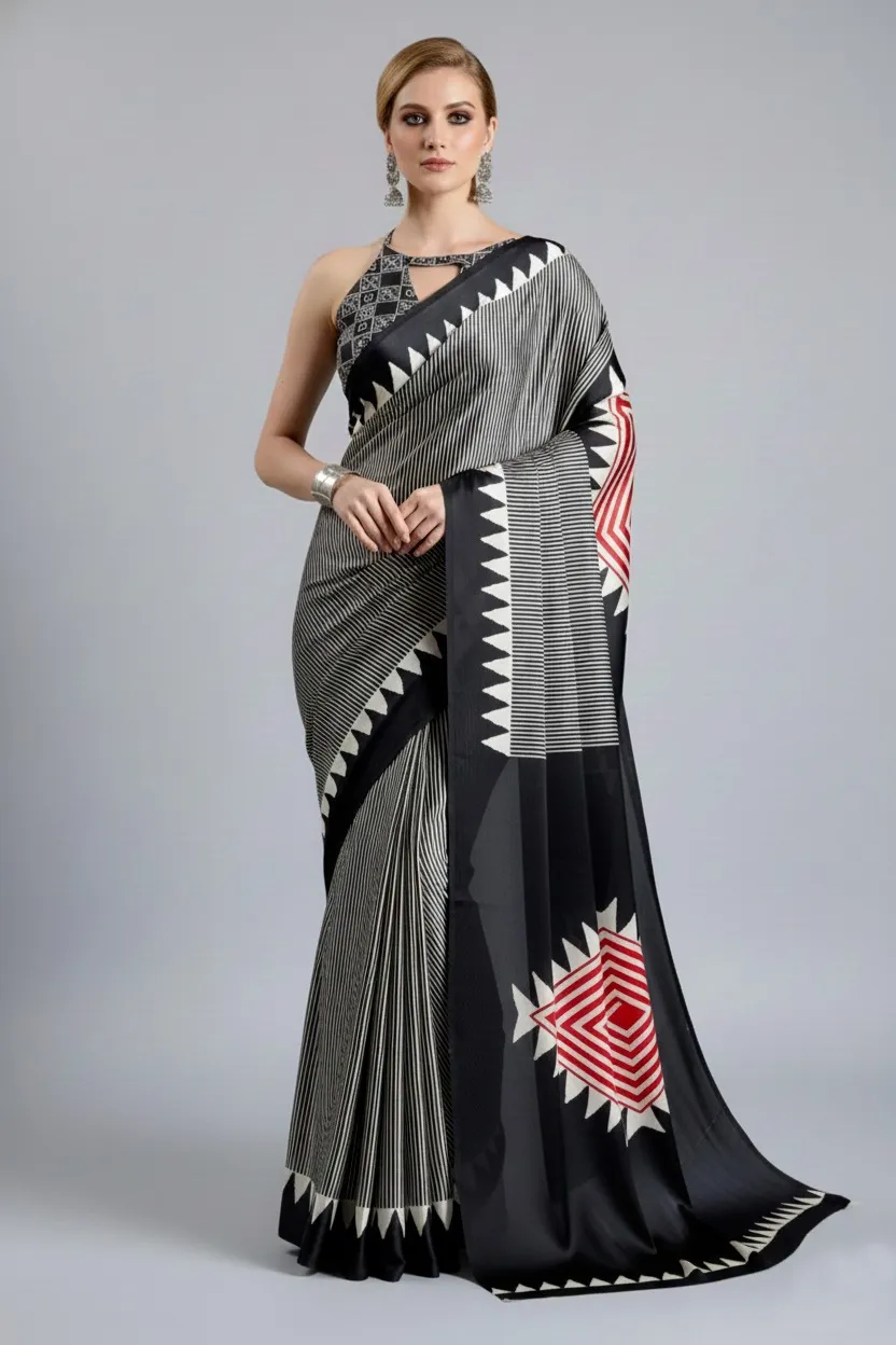 Temple Japan Satin Ajrakh Printed Fancy Saree Catalog