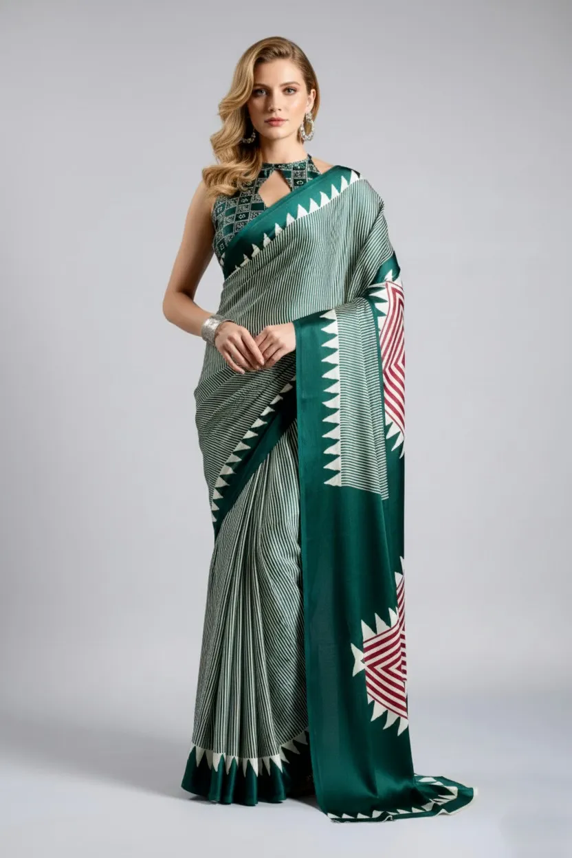 Temple Japan Satin Ajrakh Printed Fancy Saree Catalog