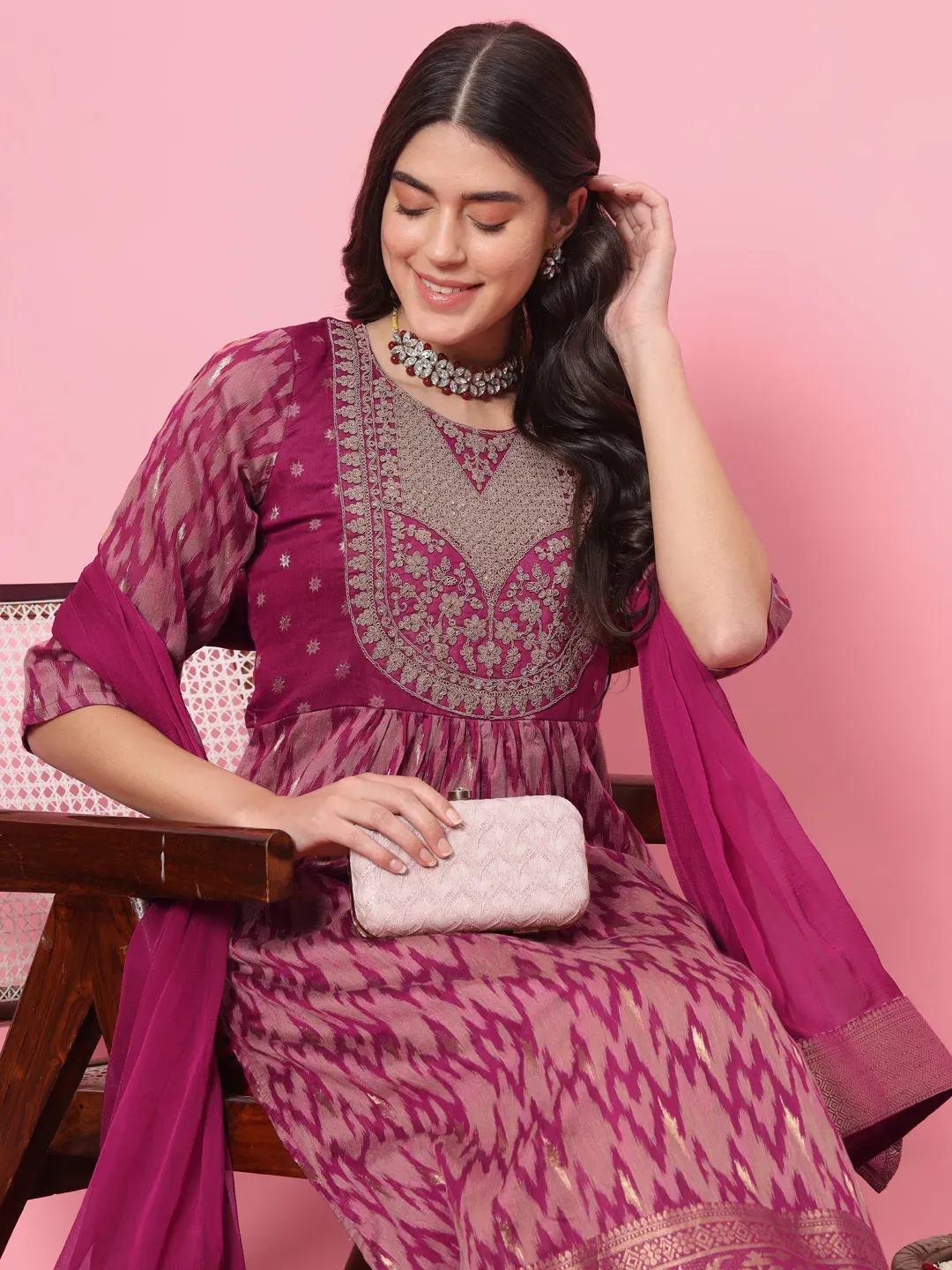 Vp 9534p Purple Cotton Silk Embellished Flared Suit Set