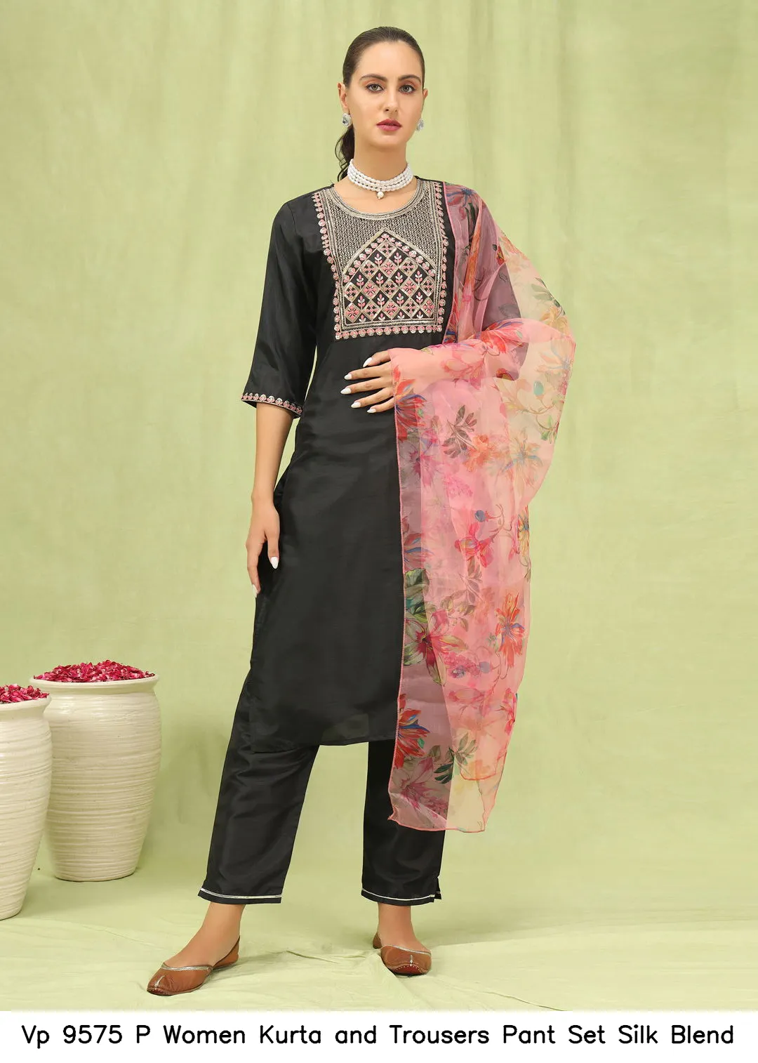 Vp 9575 P Women Kurta and Trousers Pant Set Silk Blend